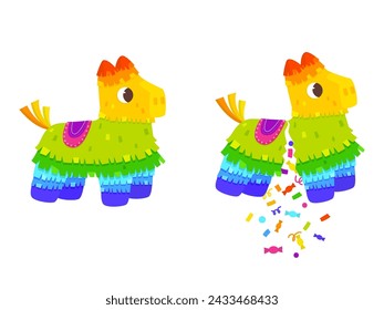 Pinata rota. Fiesta de cumpleaños colorido equipo. Pinatas con confeti y caramelos en forma de lama. Papel corrugado de juguete mexicano, elemento vectorial ajustado