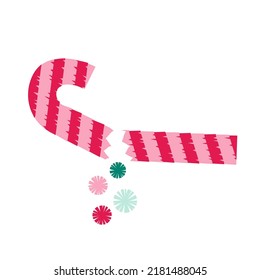 Broken Pinata candy cane Christmas party decoration. Paper present for fun and game. Flat Vector illustration