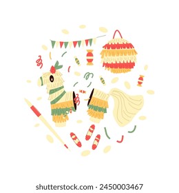 Broken pinata round isolation on white background. for traditional mexican party. local event elements. Carnival and birthday toy for celebration. Vector flat illustration