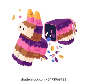 Broken pinata toy. Colorful Mexican paper donkey filled with candies and sweets. Animal decoration for holiday, birthday party, Cinco de Mayo. Flat vector illustration isolated on white background