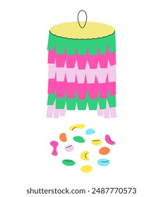 Broken pinata toy with sweets. Mexican holiday decoration. Colorful ornament, paper adornment with candies for festival party, birthday, carnival. Vector isolated