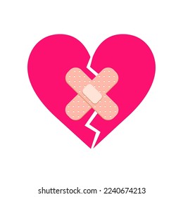Broken pink comic heart with band aids flat vector illustration. Cartoon drawing of cracked heart with bandages on white background. Love, breakup, emotions concept