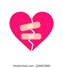Broken pink comic heart with bandages flat vector illustration. Cartoon drawing of cracked heart with adhesive plasters on white background. Love, breakup, emotions concept