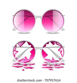 Broken pink glasses isolated on white photo-realistic vector illustration