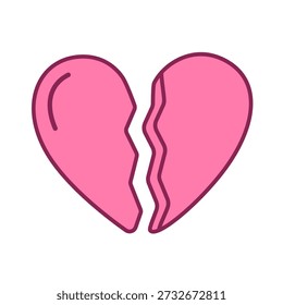 Icono de corazón rosa roto en estilo de línea plana, ilustración de símbolo de amor triste para ruptura, divorcio y concepto de relación emocional, diseño de San Valentín, pegatinas, redes sociales, interfaz de usuario, UX y marketing digital.