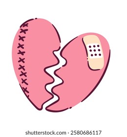 Broken pink heart taped over with a  plaster and sewn up with threads. Anti Valentine's day concept, vector illustration. 