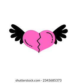 Broken pink heart with wings. Emo aesthetics. Y2k love symbol. Vector illustration