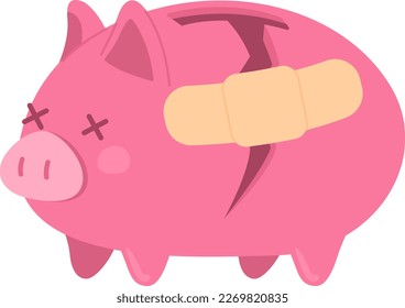 Broken pink piggy bank with patch flat concept vector spot illustration. Editable 2D cartoon object on white for web design. Handling financial stress creative idea for website, mobile, magazine