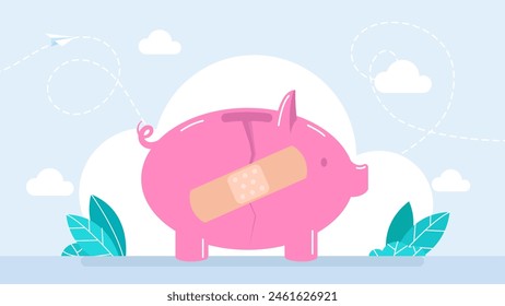 Broken pink piggy bank with patch spot. Handling financial stress creative idea. Economic Recovery. Stick Patch on Broken Piggy Bank. Flat style. Vector illustration