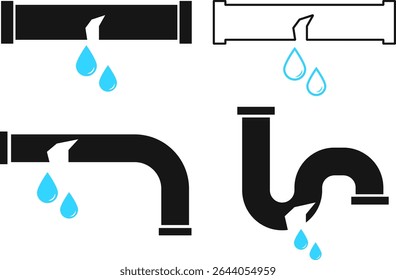 Symbol für kaputte Rohrleitung. Leckwasserrohr-Symbol. Geschirrspülmaschine. Symbol für Rohrleck. Sanitär-Wartungsdienst
