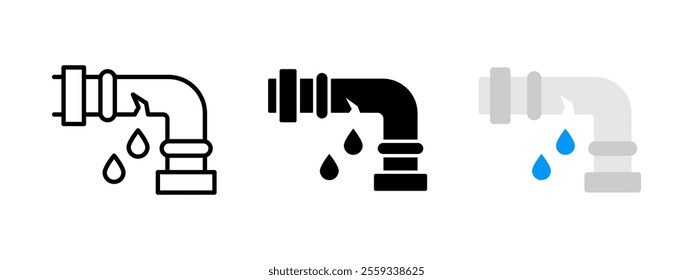 Broken pipe icon. Tube leak symbol. Plumbing maintenance service vector illustration. Water leaking sign. Pipeline burst pictogram. Fractured pipe with water drops. Canalization damage fixing concept.