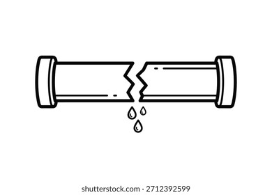 Tubulação quebrada, vetor vazando, ilustração isolada de arte de linha. Falha de encanamento, reparação, vazamento, dano de água, projeto de vetor conceito de problema de manutenção.