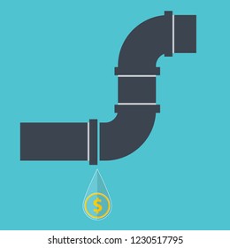 Broken pipe with leaking water, flat style vector illustration.