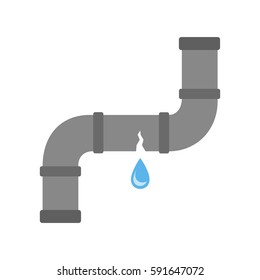 Broken pipe with leaking water, flat style vector illustration.