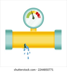 Gebrochene Rohre mit Leck, Bruch der Pipeline. Dripping-Wasserhahn, Probleme mit der Wasserversorgung, kaputte Rohre. Windgrafik einzeln auf weißem Hintergrund.