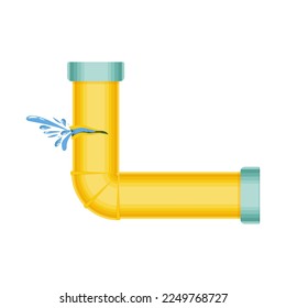 Broken pipes with a leak, rupture of the pipeline. Dripping faucet, problems with water supply, broken pipes. Wind illustration isolated on white background.