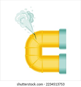 Broken pipes with a leak of steam or lead gas, rupture of the pipeline. Dripping faucet, problems with water supply, broken pipes. Wind illustration isolated on white background.