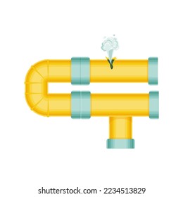 Broken pipes with a leak of steam or lead gas, rupture of the pipeline. Dripping faucet, problems with water supply, broken pipes. Wind illustration isolated on white background.