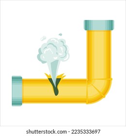 Gebrochene Rohre mit einem Leck aus Dampf oder Bleigas, Riss der Pipeline. Dripping-Wasserhahn, Probleme mit der Wasserversorgung, kaputte Rohre. Windgrafik einzeln auf weißem Hintergrund.