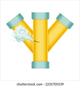 Broken pipes with a leak of steam or lead gas, rupture of the pipeline. Dripping faucet, problems with water supply, broken pipes. Wind illustration isolated on white background.