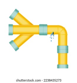 Broken pipes with a leak of steam or lead gas, rupture of the pipeline. Dripping faucet, problems with water supply, broken pipes. Wind illustration isolated on white background.