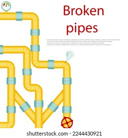 Tuberías rotas con fuga de gas de vapor o plomo, ruptura del gasoducto. Grifo de goteo, problemas con el suministro de agua, tuberías rotas. Ilustración eólica aislada en fondo blanco.