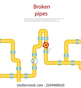 Gebrochene Rohre mit einem Leck aus Dampf oder Bleigas, Riss der Pipeline. Dripping-Wasserhahn, Probleme mit der Wasserversorgung, kaputte Rohre. Windgrafik einzeln auf weißem Hintergrund.