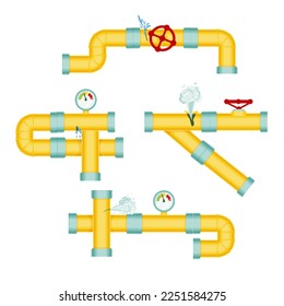 Broken pipes with a leak of steam or lead gas, rupture of the pipeline. Dripping faucet, problems with water supply, broken pipes. Wind illustration isolated on white background.