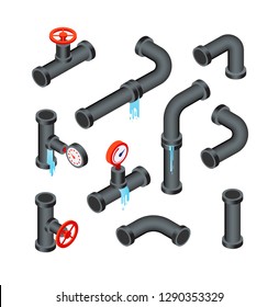 Broken Pipes. Leaking Water Pipeline Tubes. Leakage Plumbing System 3d Isometric Vector Isolated Set