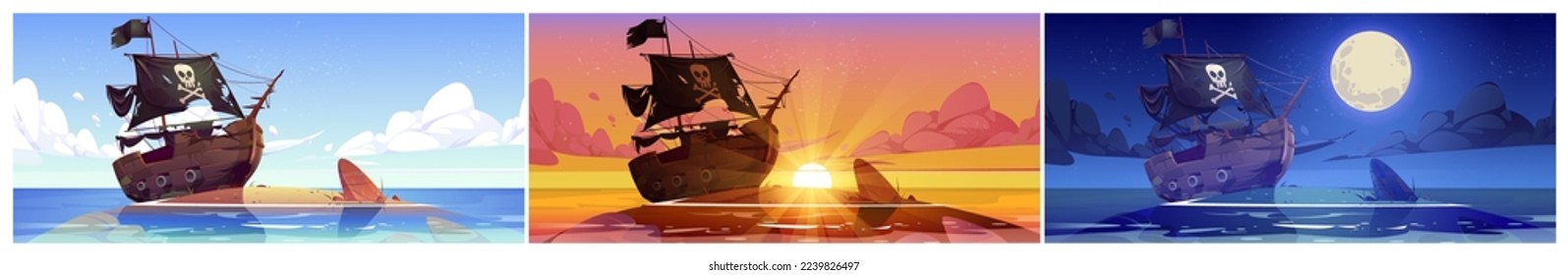 Barco pirata roto en la isla del mar por la noche, el atardecer y la tarde. Dibujos de dibujos animados de vectores del paisaje oceánico con playa de arena y antigua barca de coral tras naufragio en diferentes momentos del día