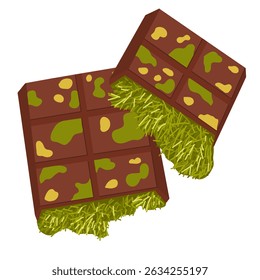 Broken pistachio chocolate bar with visible green filling. Vector cartoon hand drawn illustration of homemade sweets. For labels, food menu, sticker design, packaging, product use, promo visuals