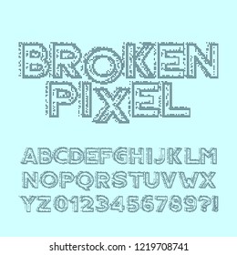 Broken pixel alphabet font. Glitch digital letters and numbers. Stock vector typeface for your design.