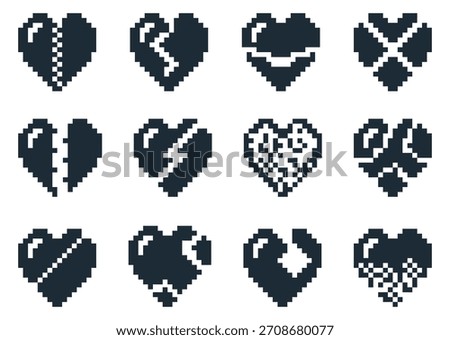 Broken pixel heart. 8bit broken love. Split and cracks. Computer graphic amour shapes. Pixelated sweethearts with crash fissures. Gaming life damage. Vector set of black and white silhouette icons