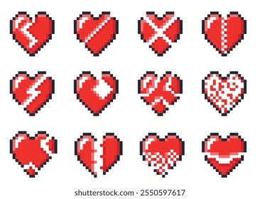 Broken pixel heart. Couple split. Damaged or shattered game object. Retro 8 bit graphics. Injury love. Romance and amour. Hero vitality indicator. Vector red romantic