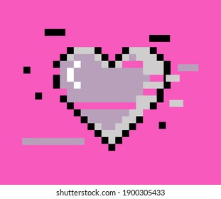 Broken pixel heart isolated on pink background. Vector 8-bit retrowave and vaporwave style illustration.