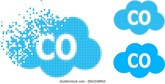 Broken pixelated carbon monoxide icon with halftone version. Vector destruction effect for carbon monoxide icon. Pixelated destruction effect for carbon monoxide shows movement of cyberspace items.