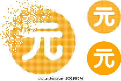 Broken pixelated chinese yuan coin icon with halftone version. Vector wind effect for chinese yuan coin icon. Pixelated dispersing effect for chinese yuan coin reproduces motion of virtual world.