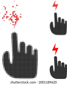 Broken pixelated electric hand icon with halftone version. Vector destruction effect for electric hand icon. Pixelated degradation effect for electric hand shows speed of virtual objects.