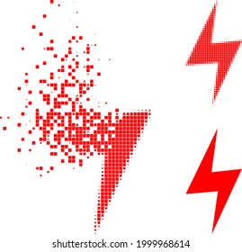 Broken pixelated electric hazard glyph with halftone version. Vector wind effect for electric hazard pictogram.
