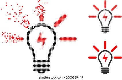 Broken pixelated electric light bulb pictogram with halftone version. Vector destruction effect for electric light bulb pictogram.