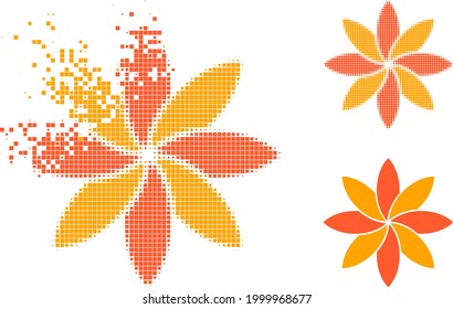 Broken pixelated flower glyph with halftone version. Vector wind effect for flower symbol. Pixelated disappearing effect for flower gives motion of virtual items.