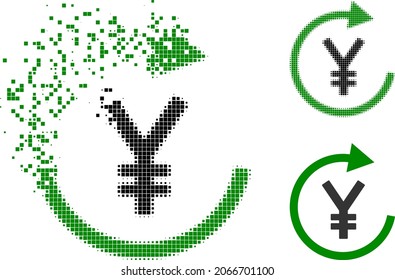 Broken pixelated japanese yen repay icon with halftone version. Vector destruction effect for japanese yen repay icon.