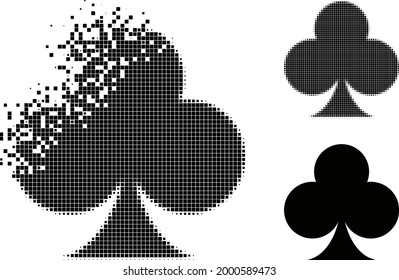 Broken pixelated playing card club suit pictogram with halftone version. Vector destruction effect for playing card club suit icon.