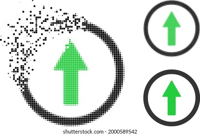 Broken pixelated rounded up arrow pictogram with halftone version. Vector wind effect for rounded up arrow symbol. svg
