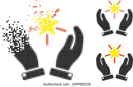 Broken pixelated shine star care hands pictogram with halftone version. Vector destruction effect for shine star care hands symbol.