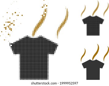 Broken pixelated smell t-shirt pictogram with halftone version. Vector wind effect for smell t-shirt symbol. Pixelated dissolving effect for smell t-shirt demonstrates speed of virtual world.