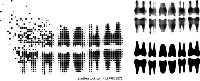 Broken pixelated teeth jaw glyph with halftone version. Vector destruction effect for teeth jaw pictogram. Pixel disappearing effect for teeth jaw gives speed of virtual items.
