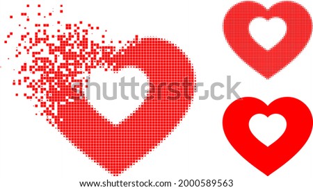 Broken pixelated valentine heart icon with halftone version. Vector wind effect for valentine heart icon. Pixelated disintegration process for valentine heart reproduces speed of cyberspace matter.