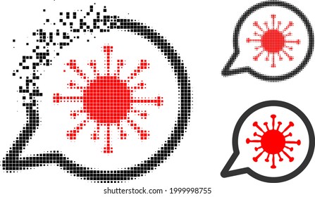 Broken pixelated virus message pictogram with halftone version. Vector wind effect for virus message pictogram. Pixelated dissipation effect for virus message reproduces speed of cyberspace things.