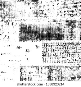 Broken plaster wall effect. Grunge worn damask pattern design. Distressed fabric texture. Overlay texture design. Vector illustration. Eps10.